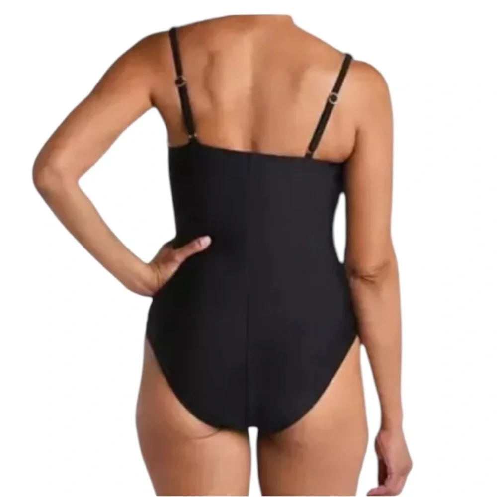 Liz Claiborne Black White Paisley One-Piece Swimsuit Ruched Belly Plus Swim